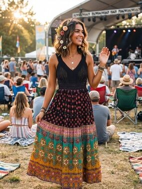 Indigo Thread Co Black Multi-Colored Boho Floral Indie Festival Flowy Maxi Dress